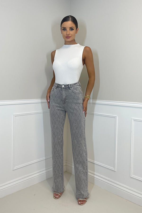 EZRA Diamond Diamanté High Waisted Stretch Denim Jeans in Storm Grey