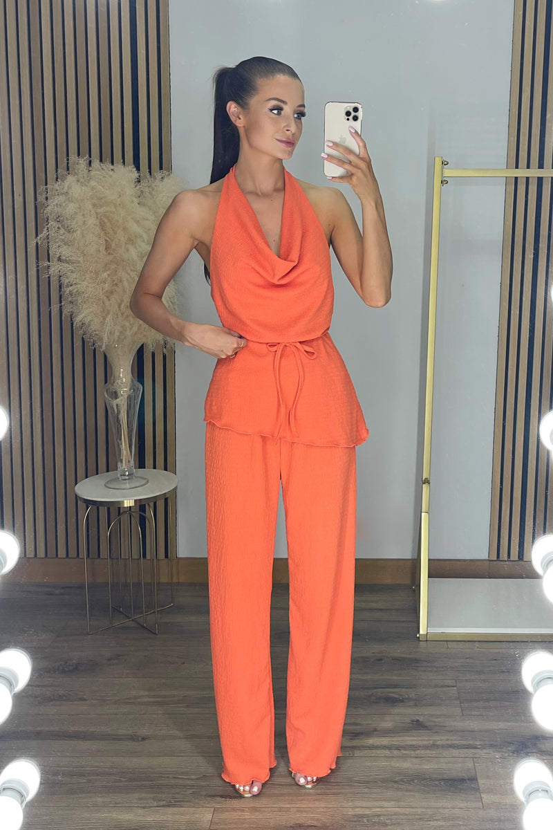 MARIA Textured Halter-neck Top & Wide Leg Trouser Co Ord in Orange