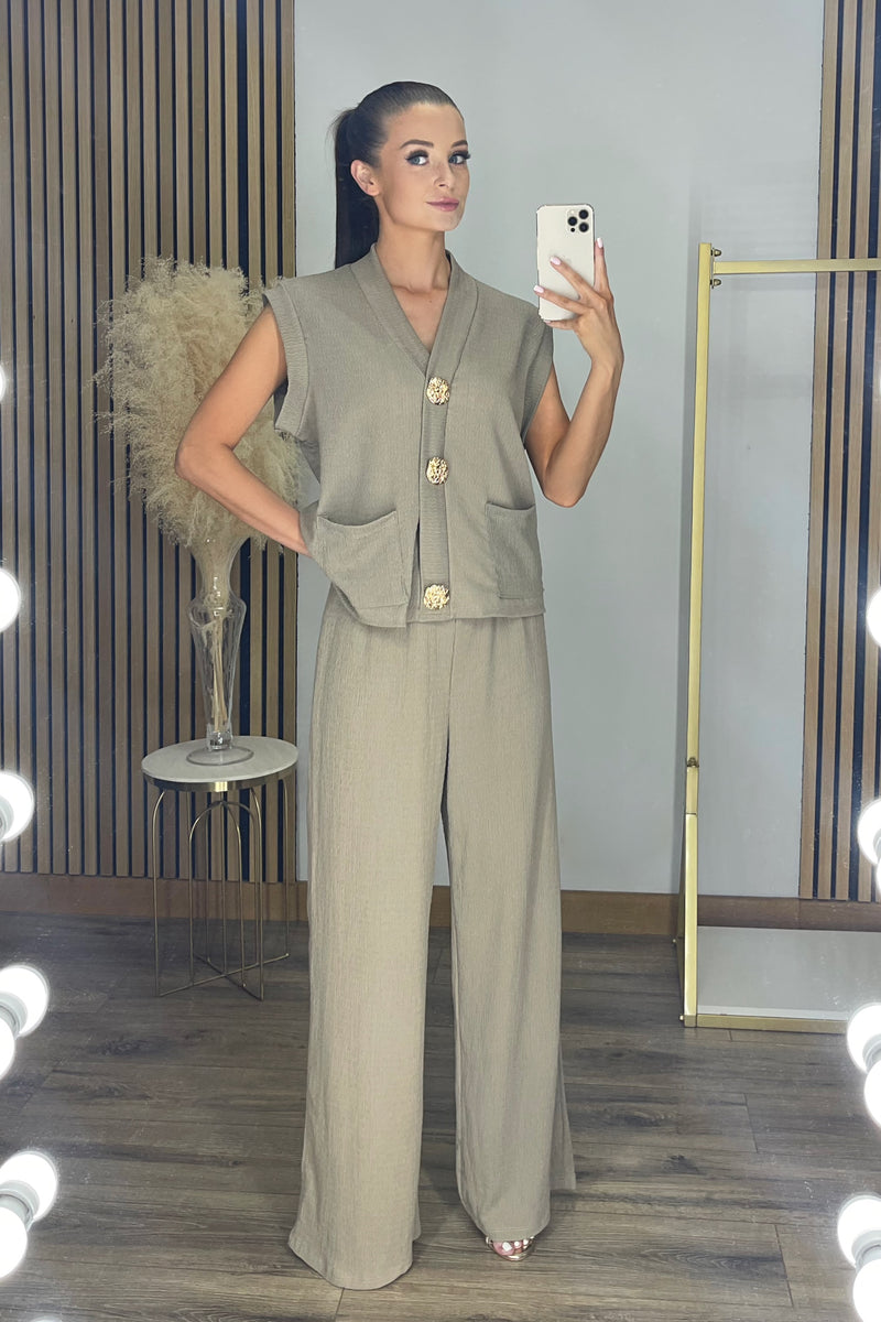 LYLA Textured Waistcoat & Wide Leg Trouser Co Ord in Mocha