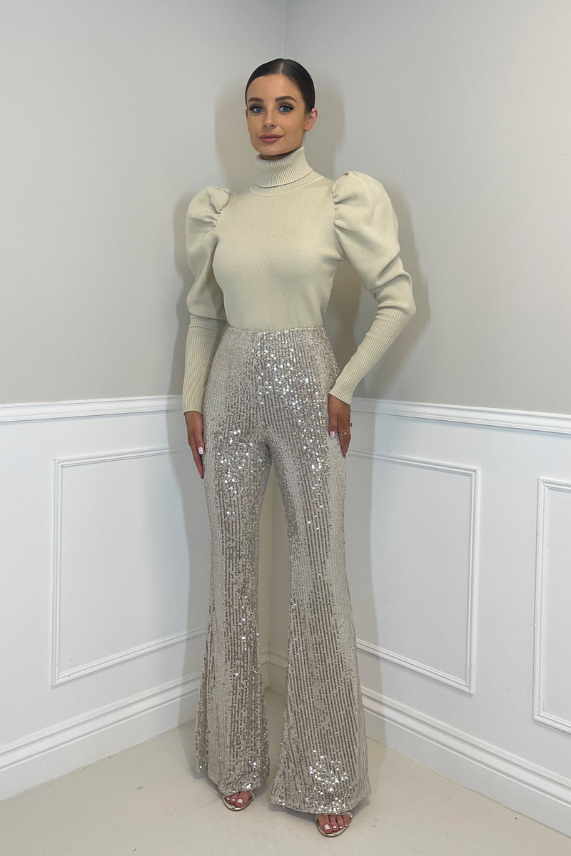 PERI High Waisted Sequin Flair Trousers in Champagne