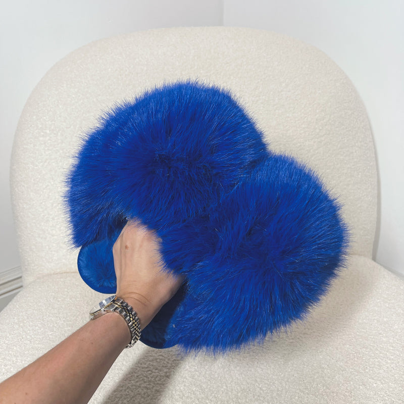 IGGY Extreme Faux Fur Oversized Slippers in Royal Blue