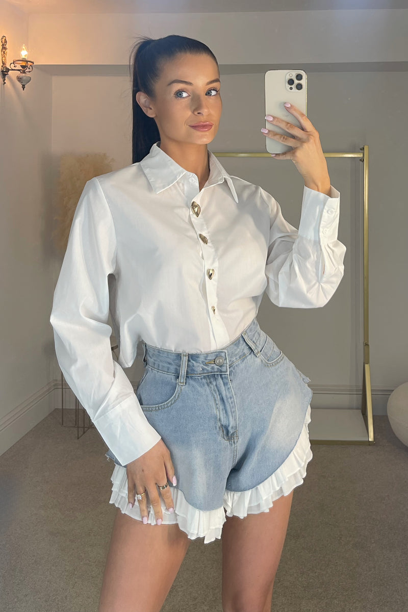 ADELLE Gold Shell Button Cropped Shirt in White