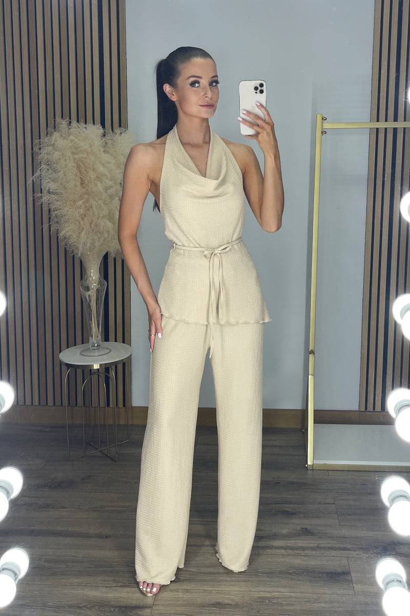 MARIA Textured Halter-neck Top & Wide Leg Trouser Co Ord in Beige