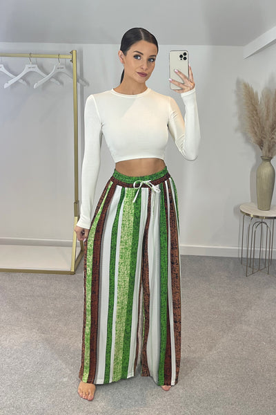 LEXI Striped High Waist & Wide Leg Trousers (Choc/Lime)