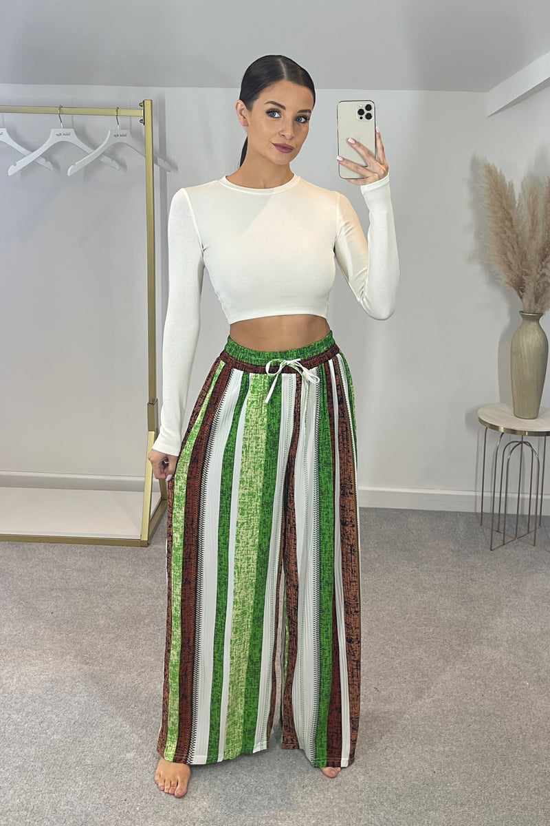 LEXI Striped High Waist & Wide Leg Trousers (Choc/Lime)