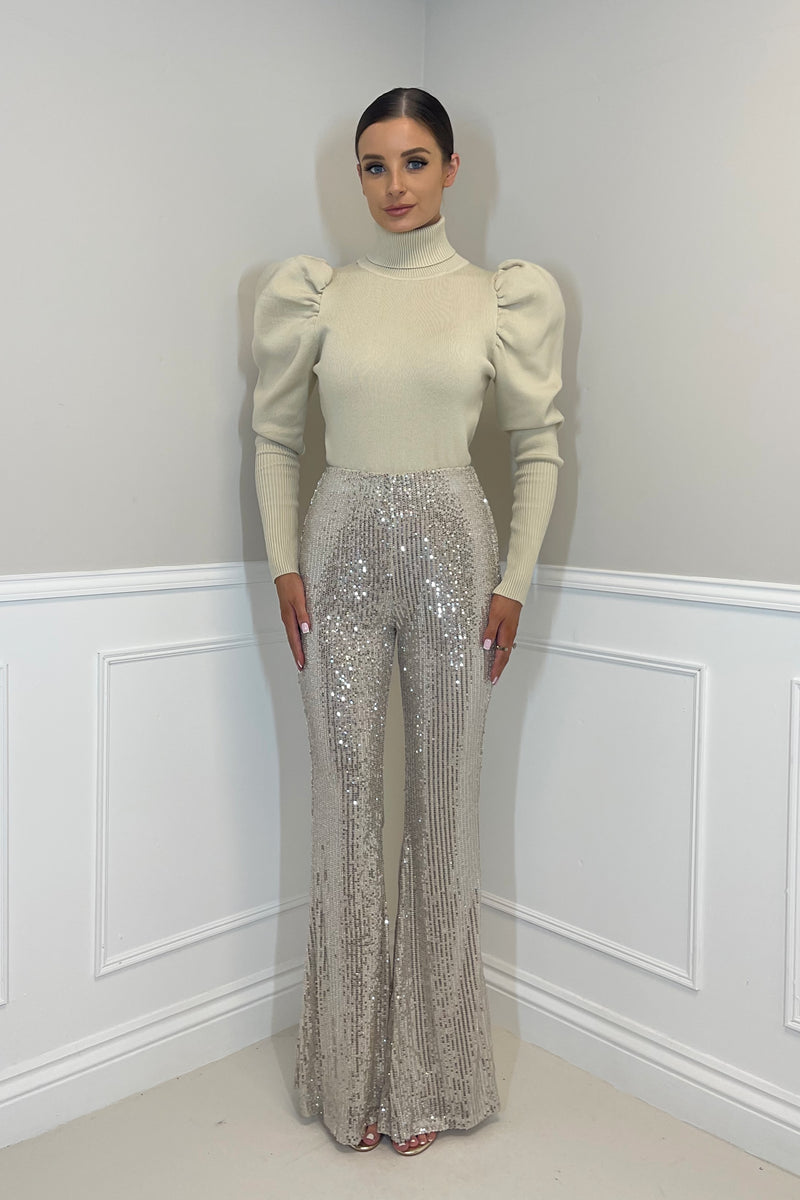 PERI High Waisted Sequin Flair Trousers in Champagne