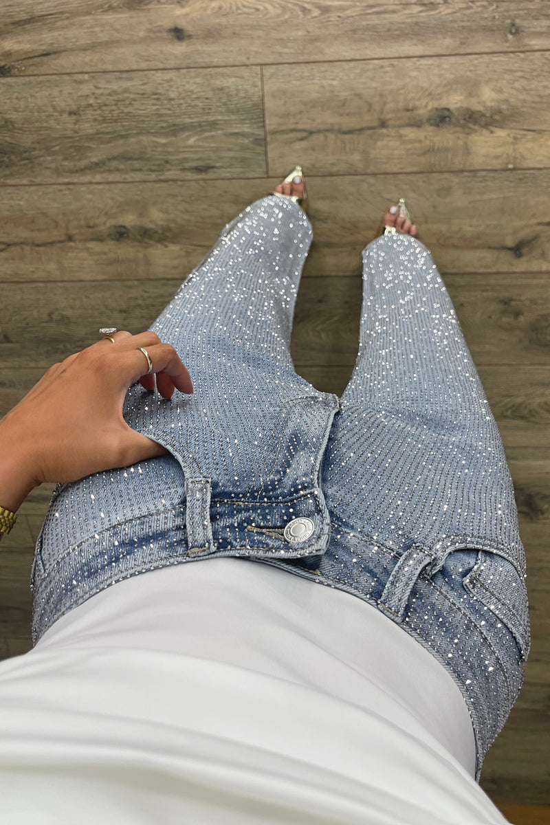 MOLLY Premium High Waisted Full Diamanté Jeans in Mid Blue