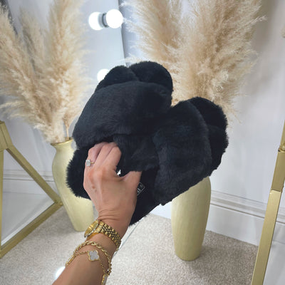 AMBA Plush Faux Fur Cross Over Open Toe Slippers (SIZE UP)