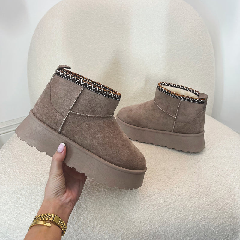 KELLY Aztec Faux Suede Mini Boots in Mocha (SIZE UP)