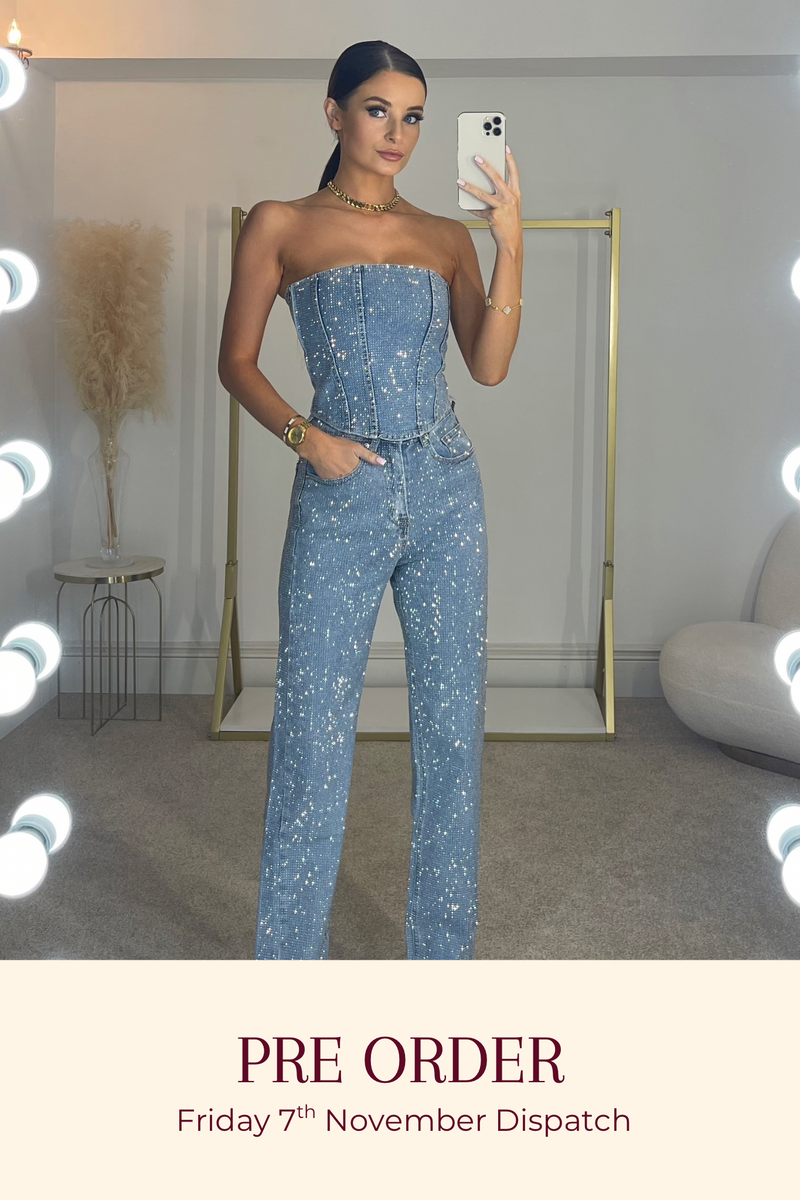 The ERIN Diamanté Jeans | Mid Blue *PRE ORDER*