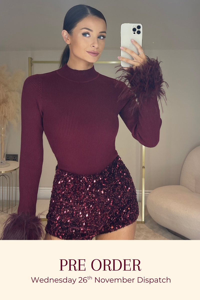 The AMELIA Feather Cuff Top | Dark Cherry *PRE ORDER*