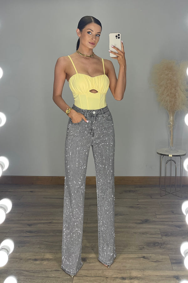 LILY Premium Full Diamanté Straight Leg Jeans in Mid Grey