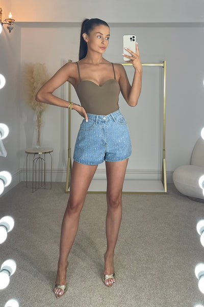 ELLA Stripe Diamanté High Waisted Denim Shorts in Blue