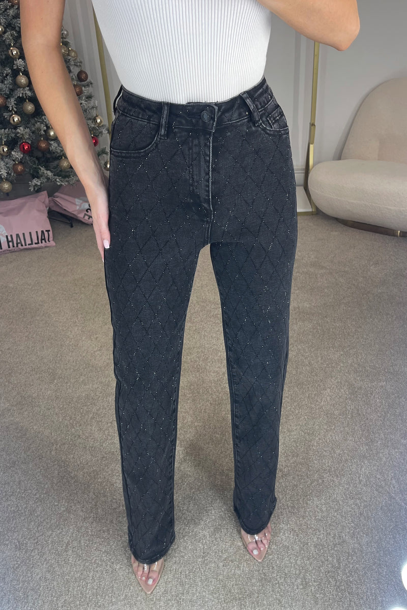 EZRA Diamond Diamanté High Waisted Stretch Denim Jeans in Black