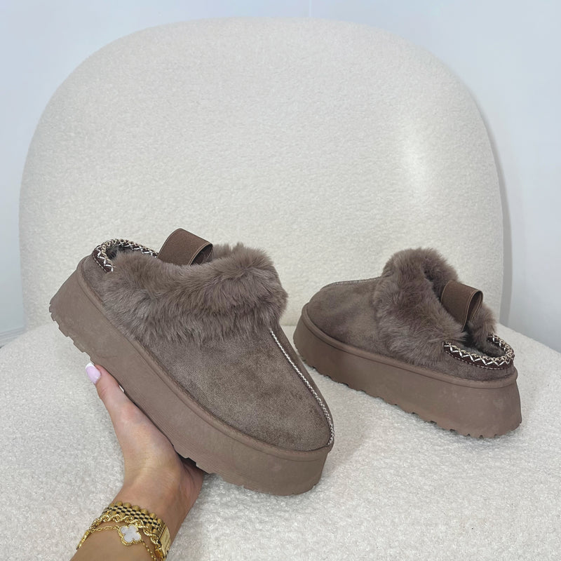 MATILDA Faux Fur Chunky Sling Back Shoes in Mocha