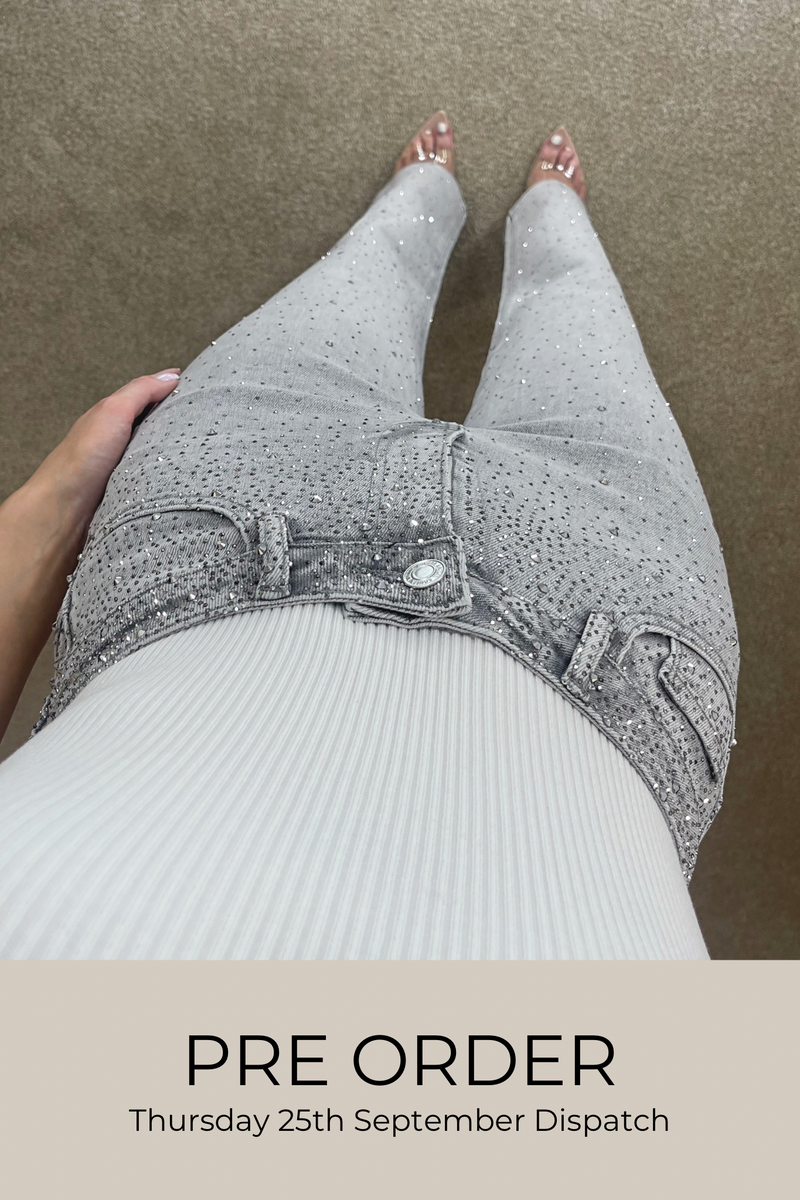 KYLIE Ombré Diamanté High Waisted Stretch Denim Jeans in Storm Grey | *PRE ORDER*
