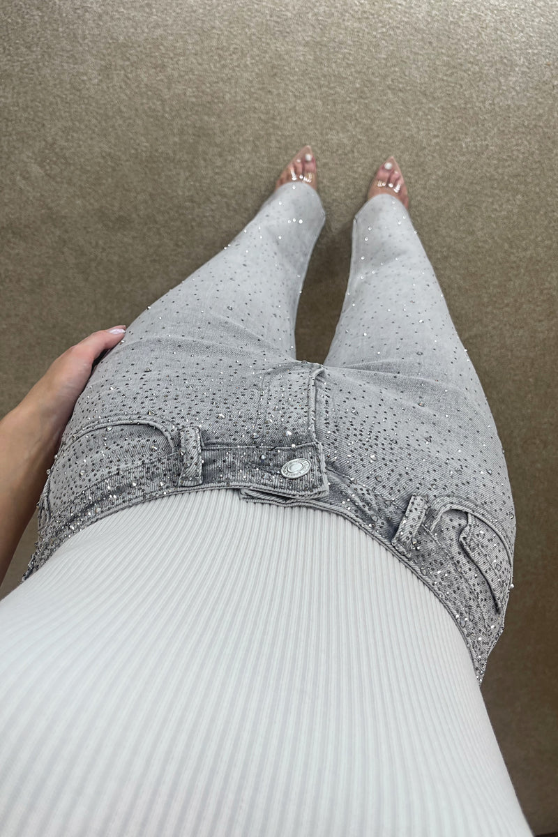 KYLIE Ombré Diamanté High Waisted Stretch Denim Jeans in Storm Grey