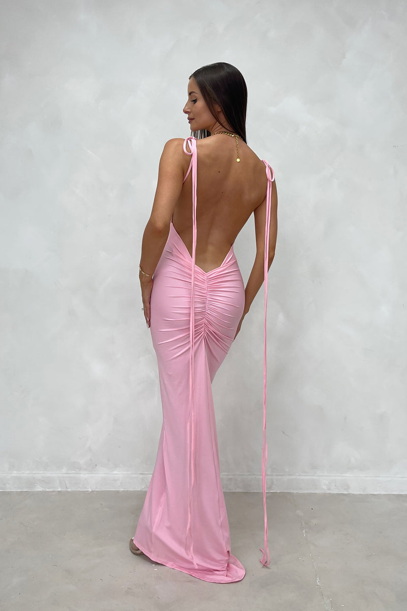 CRYSTAL Pink Low Back Spaghetti Strap Maxi Dress