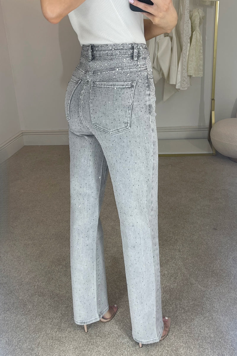 KYLIE Ombré Diamanté High Waisted Stretch Denim Jeans in Storm Grey