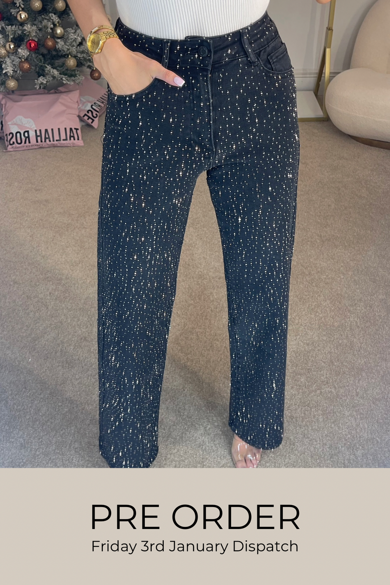 QUINN High Waisted Diamanté Straight Leg Jeans in Black | *PRE ORDER*