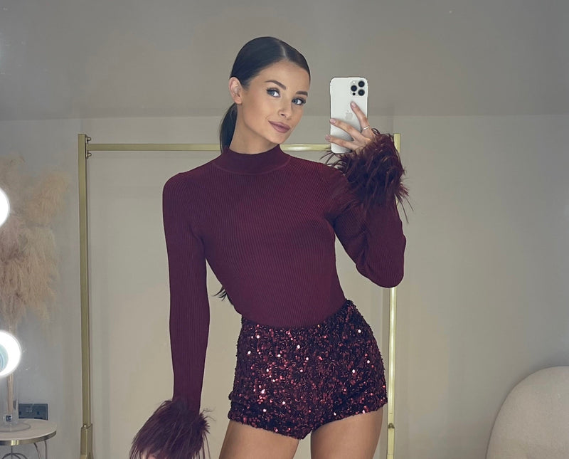 The AMELIA Feather Cuff Top | Dark Cherry