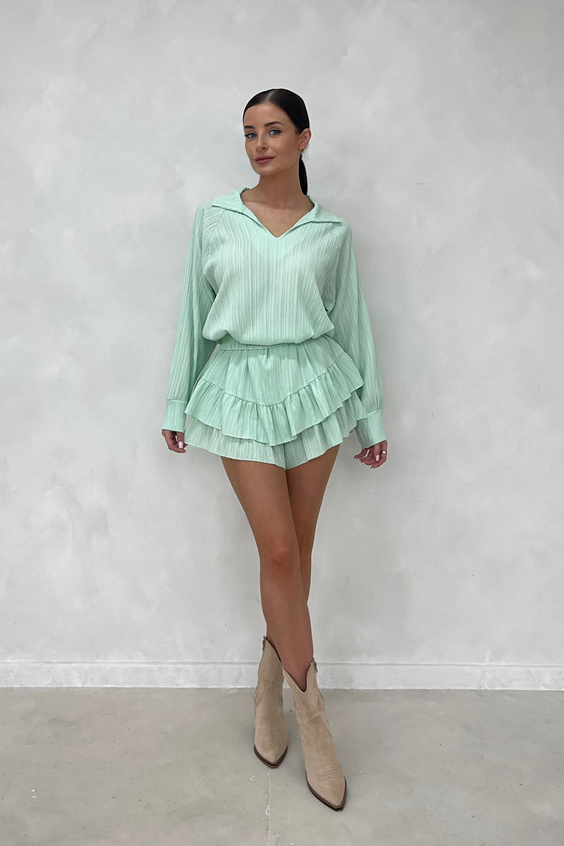 VICTORIA Green Textured Frill Shirt & Skort Co Ord