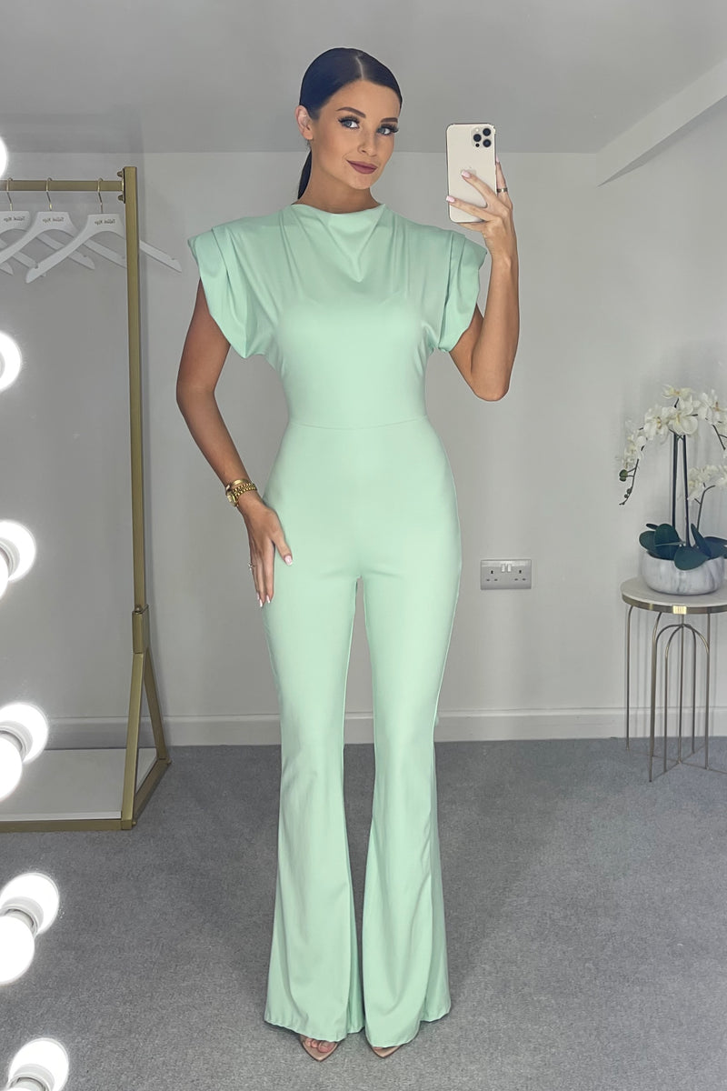 ANYA Slinky Exaggerated Shoulder Fitted Jumpsuit (Mint Green)
