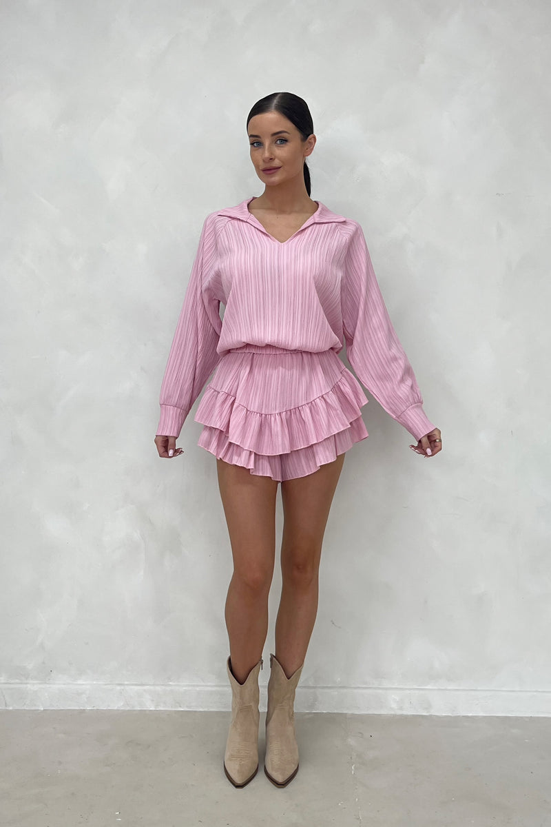 VICTORIA Candy Pink Textured Frill Shirt & Skort Co Ord