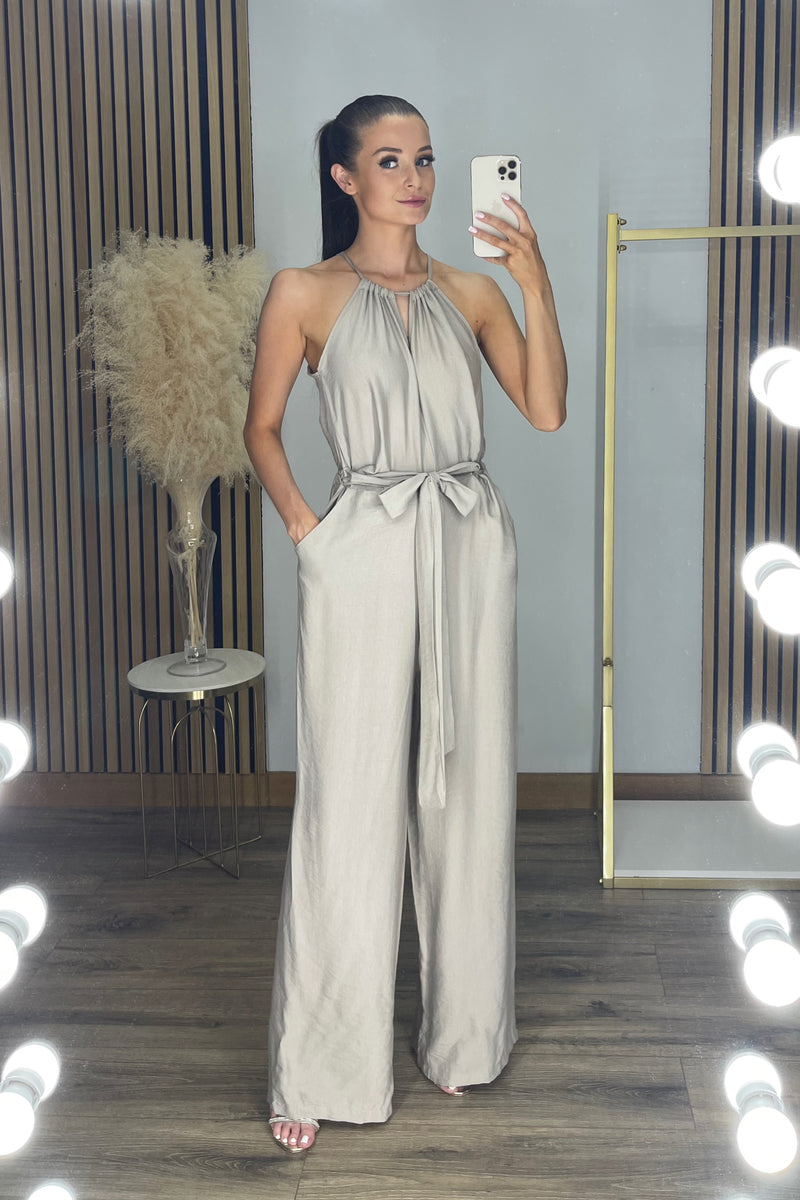 RUTH Straight Leg Linen Feel Jumpsuit in Taupe