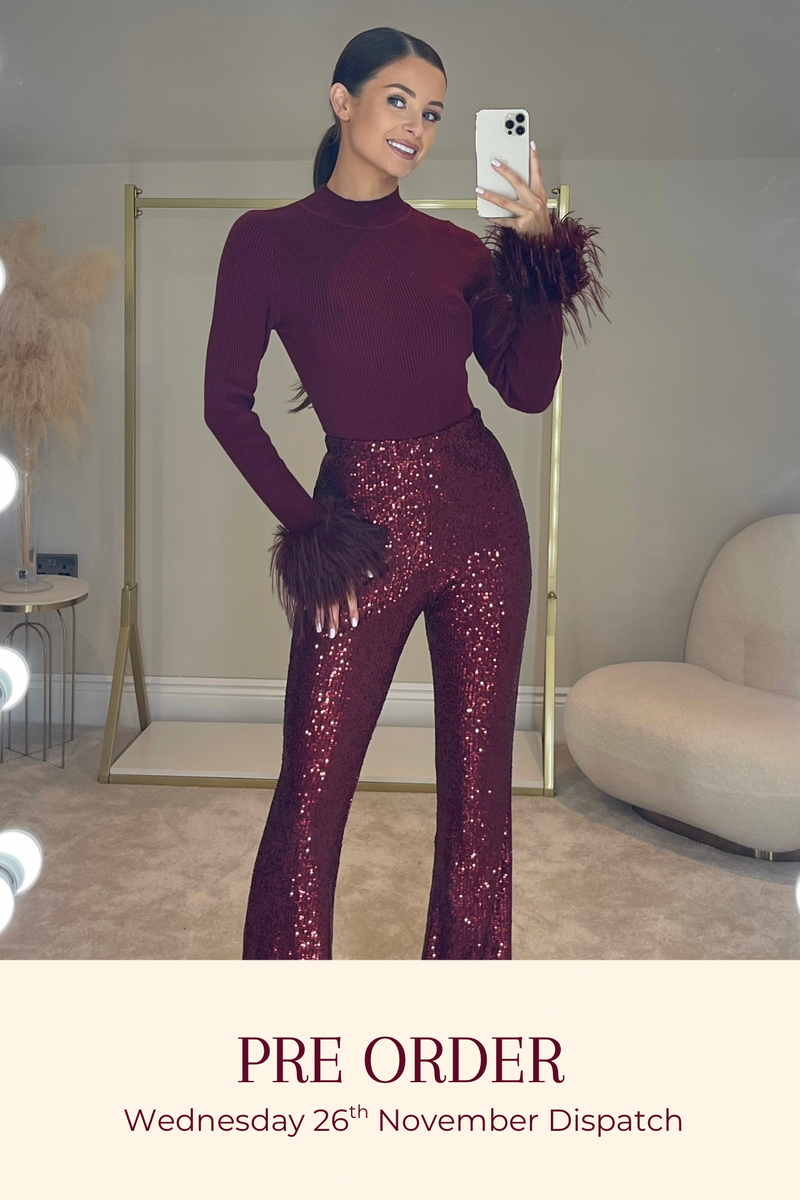 The HOLLIE Sequin Flared Trousers | Dark Cherry *PRE ORDER*