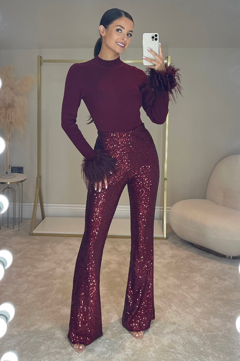 The HOLLIE Sequin Flared Trousers | Dark Cherry *PRE ORDER*