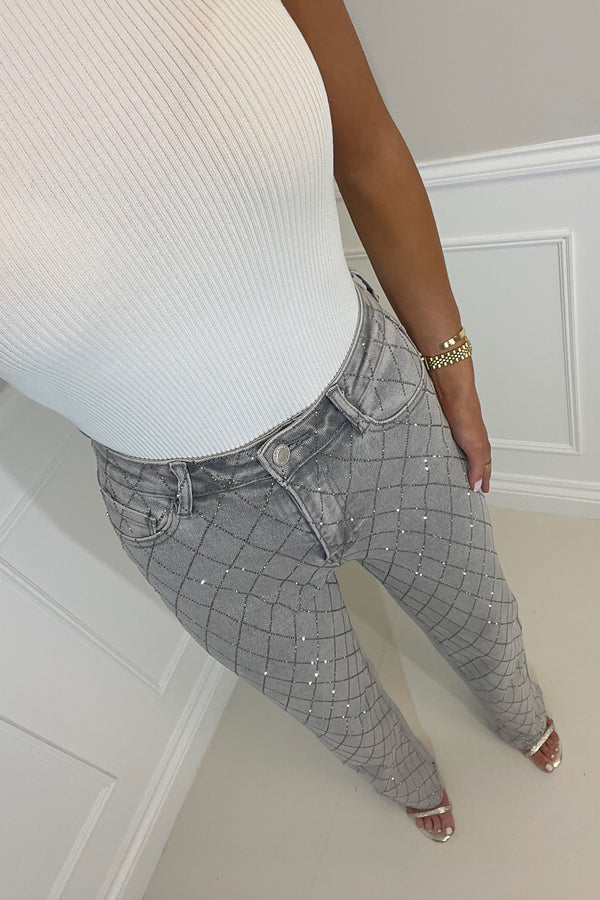 EZRA Diamond Diamanté High Waisted Stretch Denim Jeans in Storm Grey