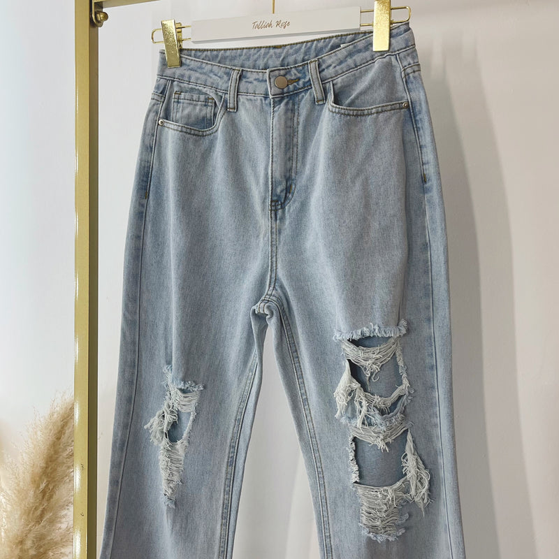 JENNA Distressed Light Wash High Waisted Loose Fit Straight Leg Jeans