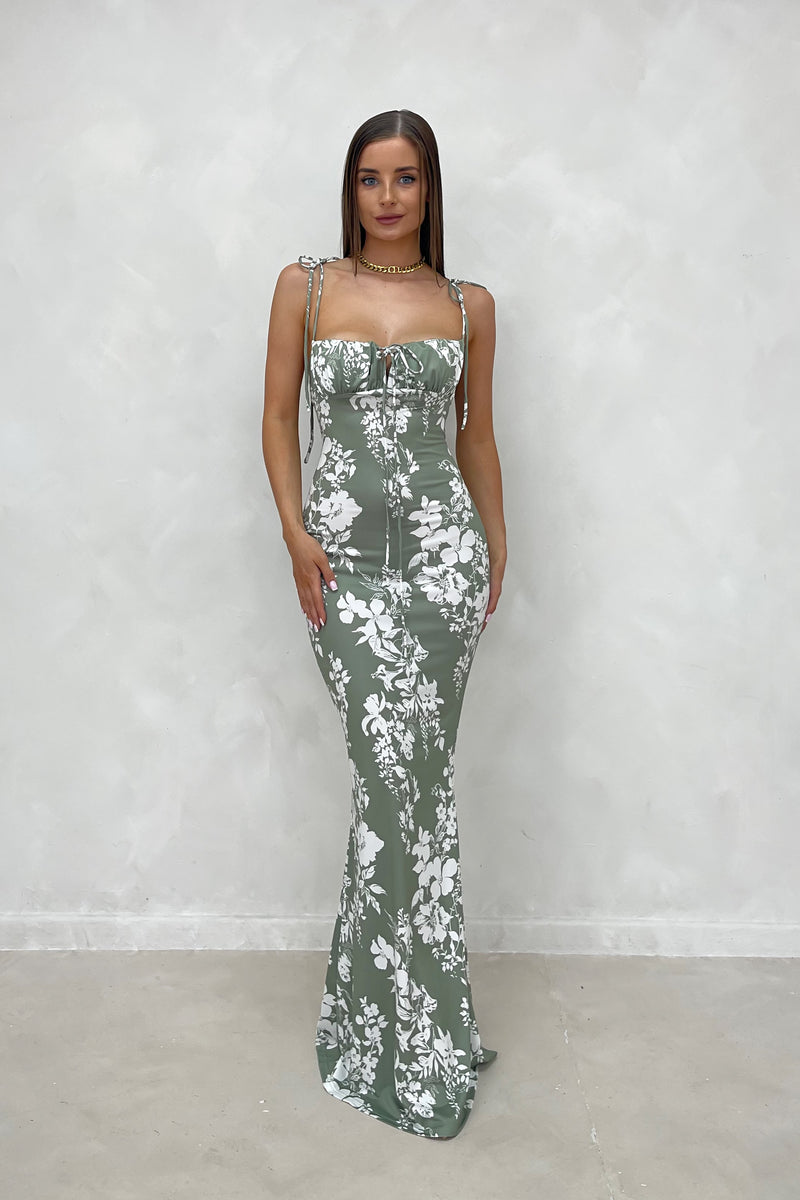 TIA Green Floral Milkmaid Sculpting Maxi Dress