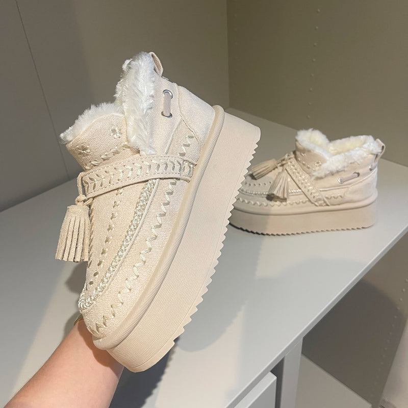 LUNA Embroidered Faux Suede/Fur Chunky Winter Boots (Size Up)