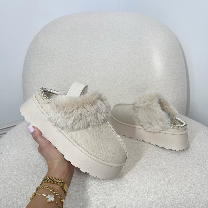 MATILDA Faux Fur Chunky Sling Back Shoes in Beige