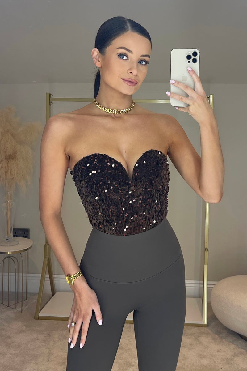 The NALA Velvet Sequin Bodysuit | Chocolate