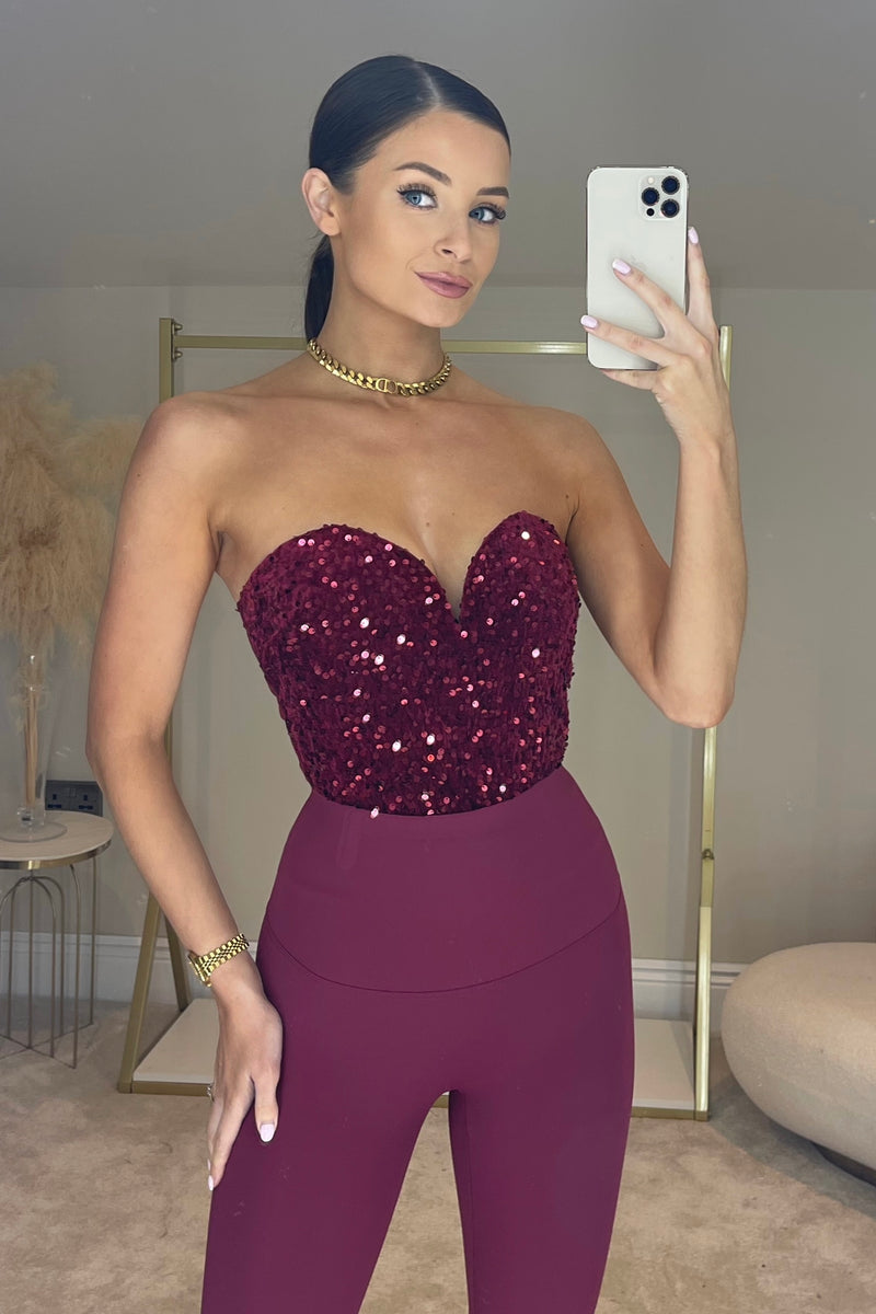 The NALA Velvet Sequin Bodysuit | Dark Cherry