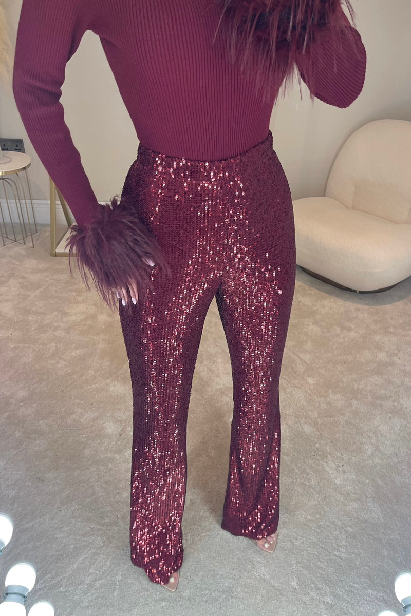 The HOLLIE Sequin Flared Trousers | Dark Cherry *PRE ORDER*