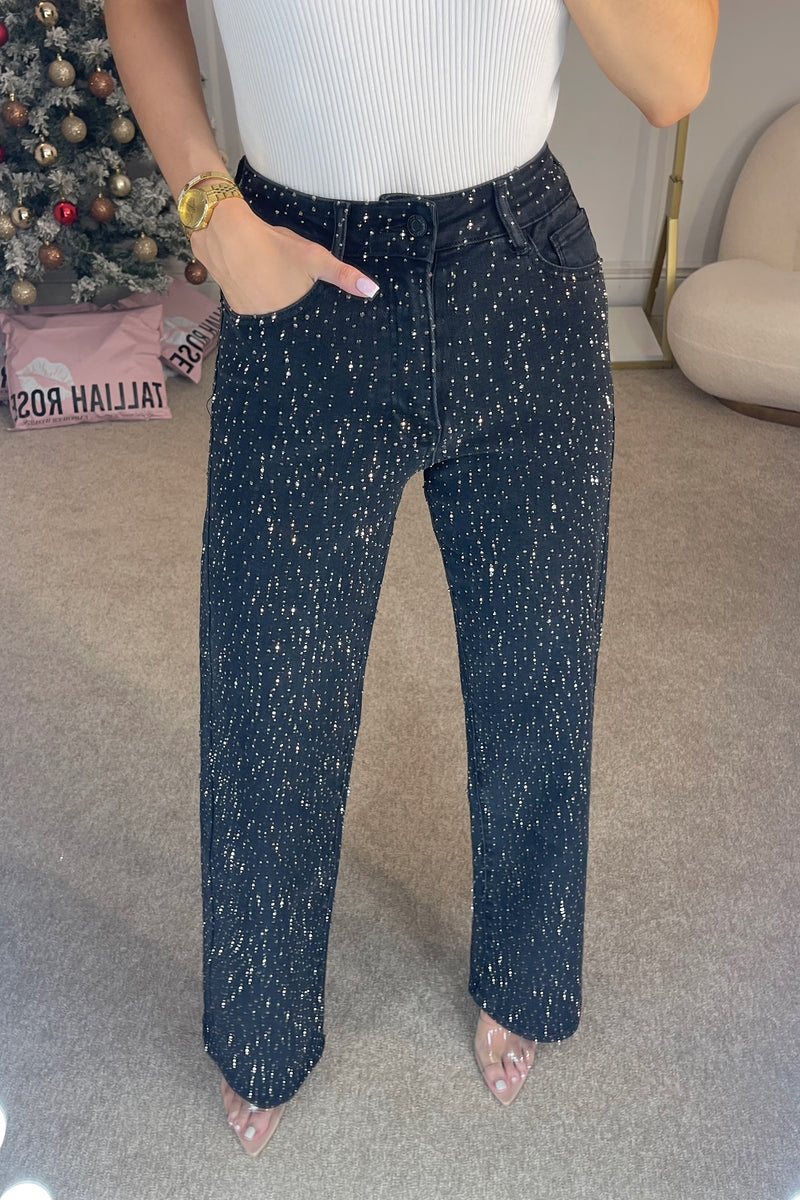 QUINN High Waisted Diamanté Straight Leg Jeans in Black