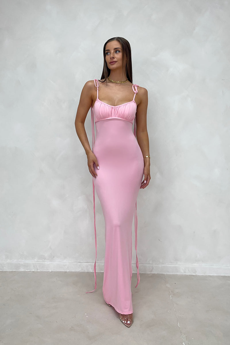 CRYSTAL Pink Low Back Spaghetti Strap Maxi Dress