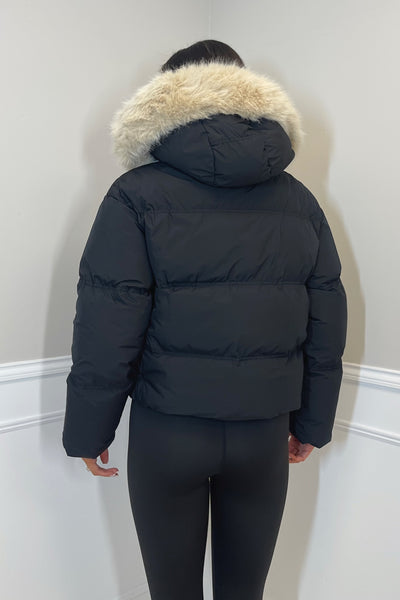 ARIA Padded Jacket with Faux Fur Hood in Matte Black