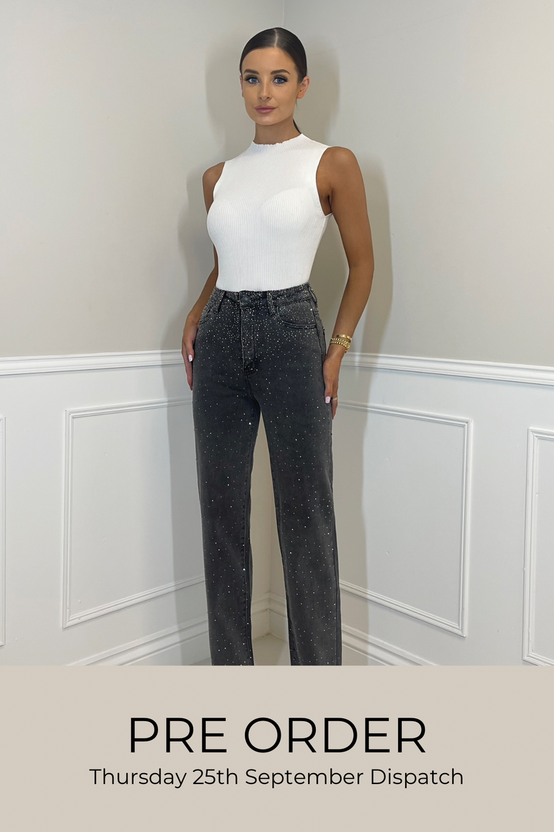 KYLIE Ombré Diamanté High Waisted Stretch Denim Jeans in Charcoal Grey | *PRE ORDER*