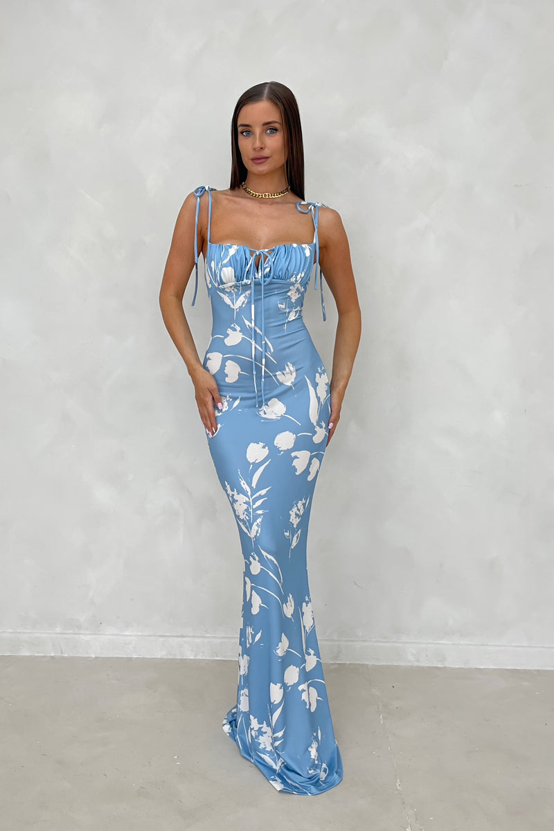 TIA Powder Blue Floral Milkmaid Sculpting Maxi Dress