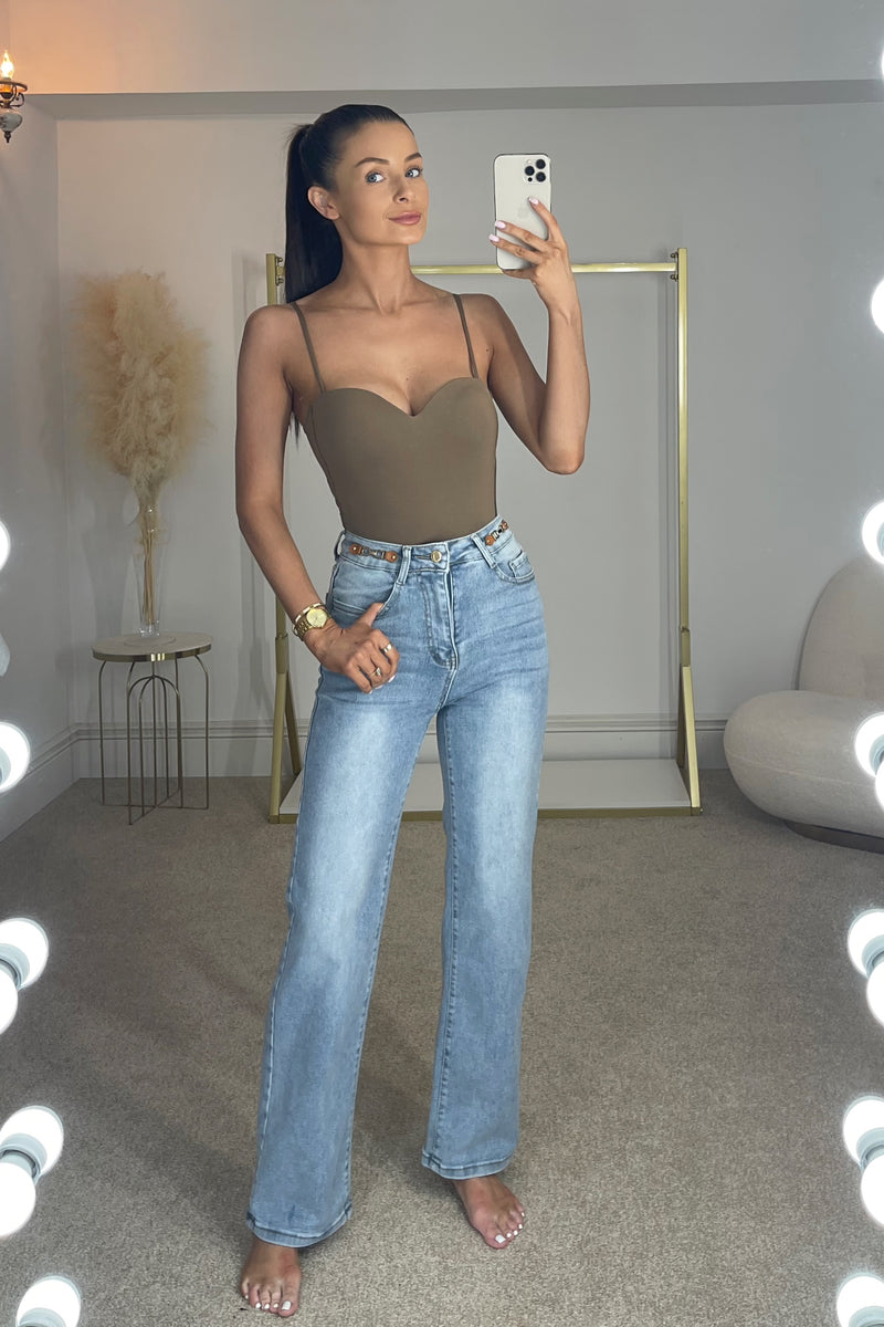 *petite* GRACE High Waisted Buckle Straight Leg Jeans in Blue