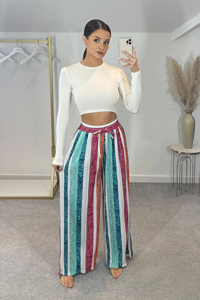 LEXI Striped High Waist & Wide Leg Trousers (Choc/Lime)