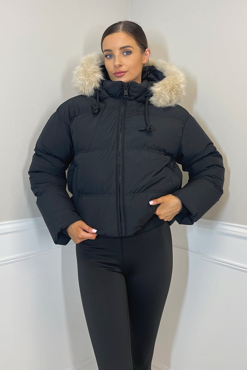 ARIA Padded Jacket with Faux Fur Hood in Matte Black